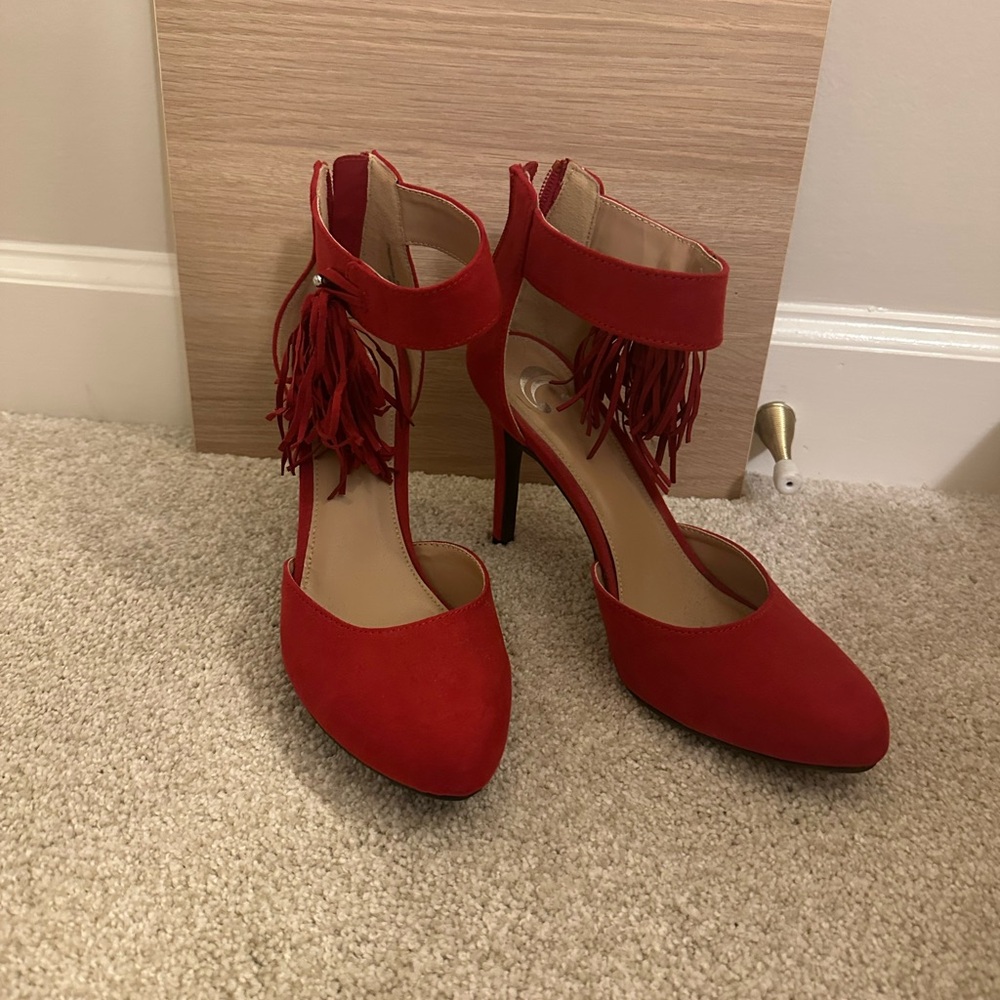 Charming Charlie’s Red Fringe Ankle Strap Heels